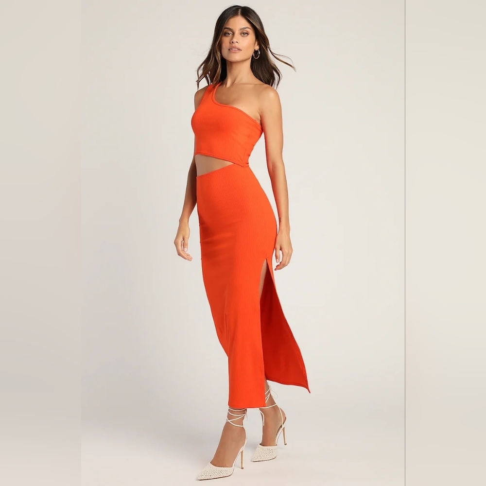 Lulus Spice Things Up Orange Ribbed One-Shoulder Cutout Midi Dress Size L NWT